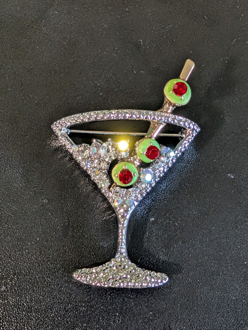 Crystal Martini Glass Brooch with Red & Green Accents